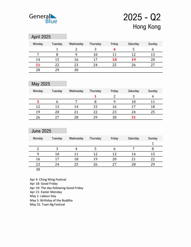 Hong Kong Quarter 2 2025 Calendar with Holidays