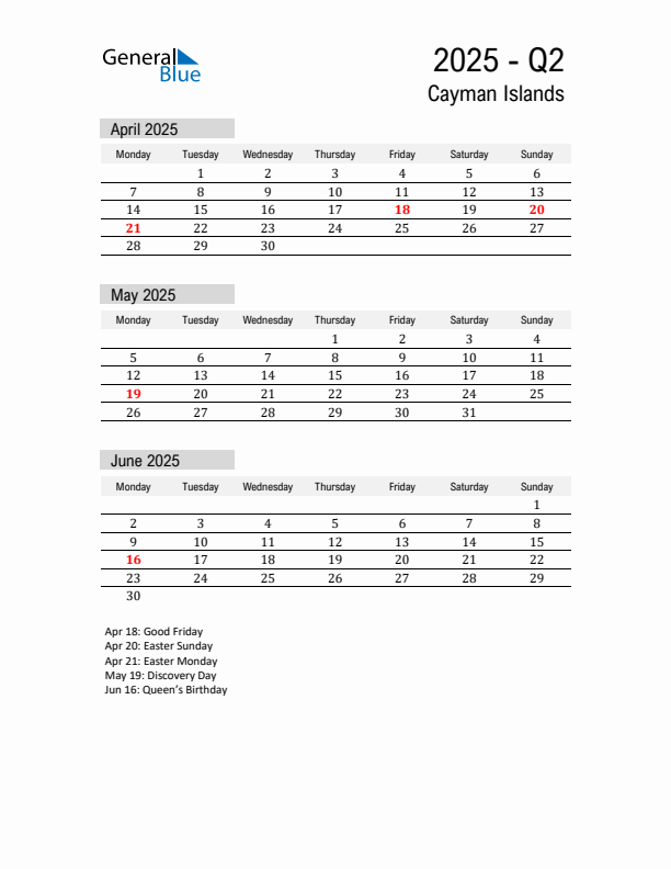 Cayman Islands Quarter 2 2025 Calendar with Holidays