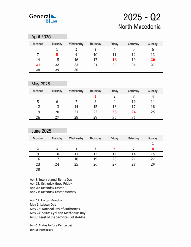 North Macedonia Quarter 2 2025 Calendar with Holidays