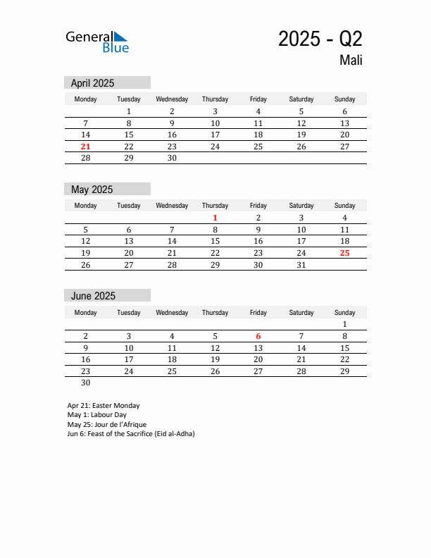 Mali Quarter 2 2025 Calendar with Holidays