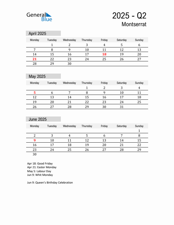 Montserrat Quarter 2 2025 Calendar with Holidays
