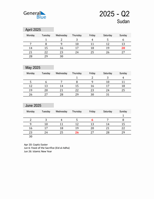 Sudan Quarter 2 2025 Calendar with Holidays