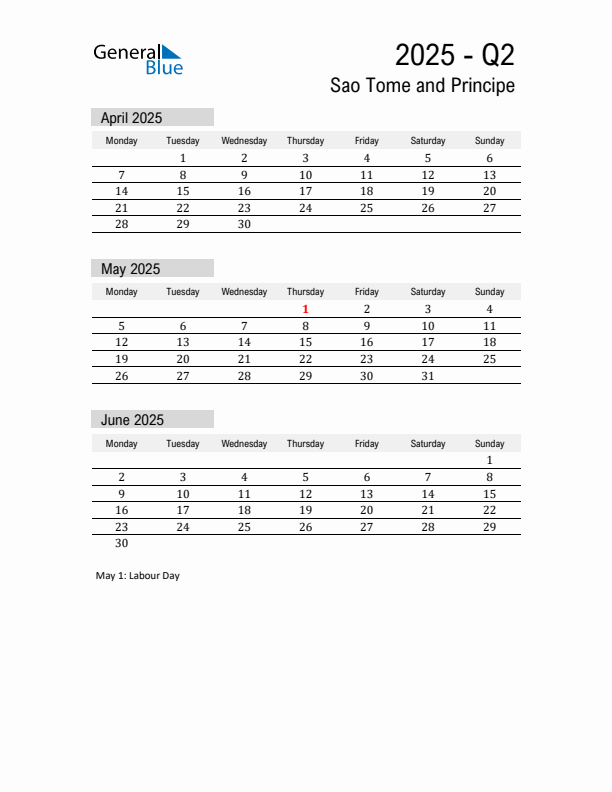 Sao Tome and Principe Quarter 2 2025 Calendar with Holidays