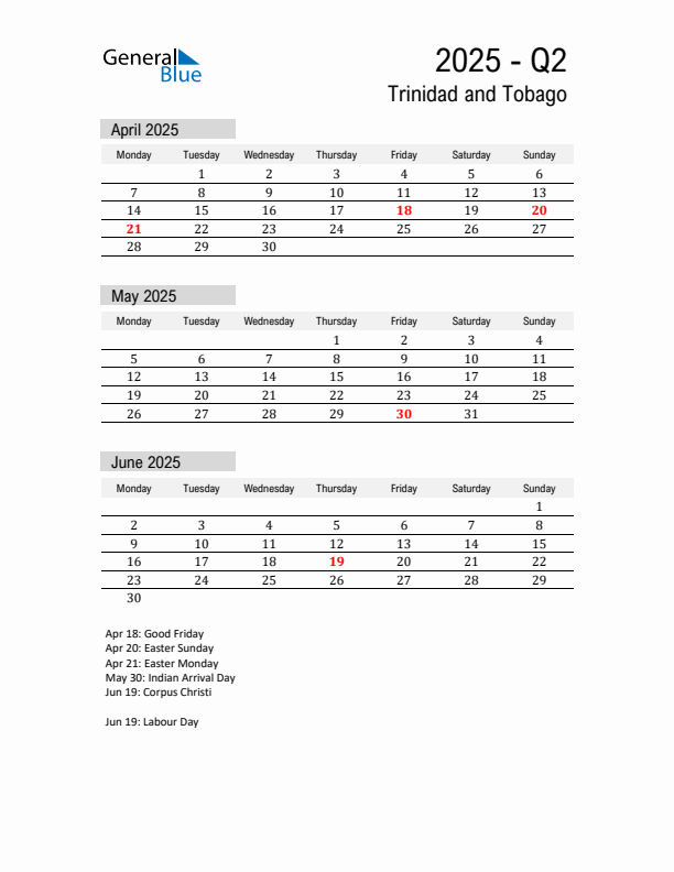 Trinidad and Tobago Quarter 2 2025 Calendar with Holidays