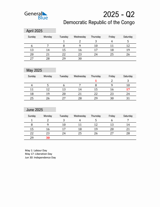 Democratic Republic of the Congo Quarter 2 2025 Calendar with Holidays