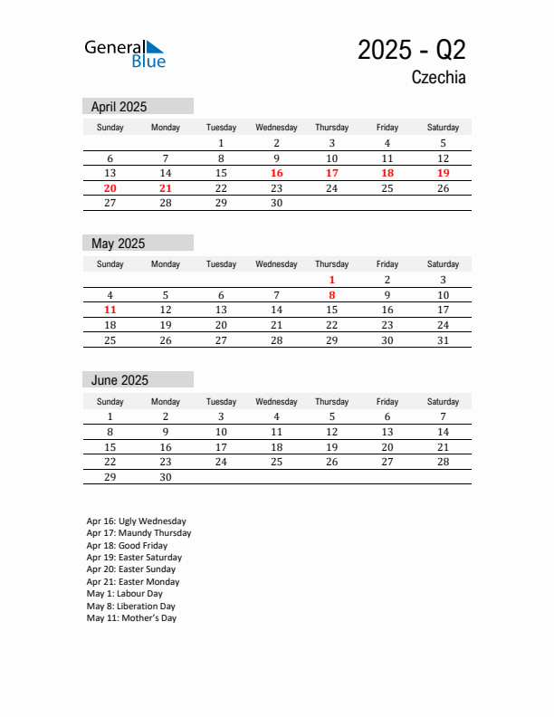 Czechia Quarter 2 2025 Calendar with Holidays