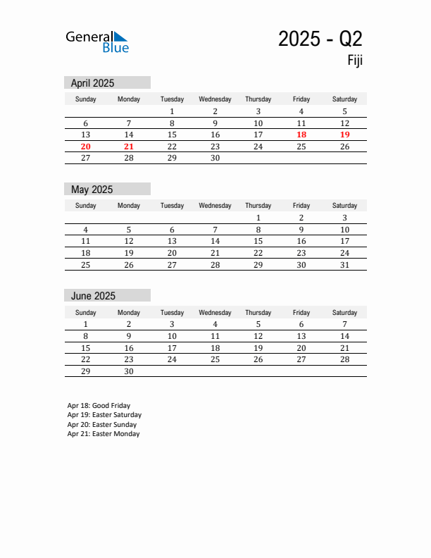 Fiji Quarter 2 2025 Calendar with Holidays