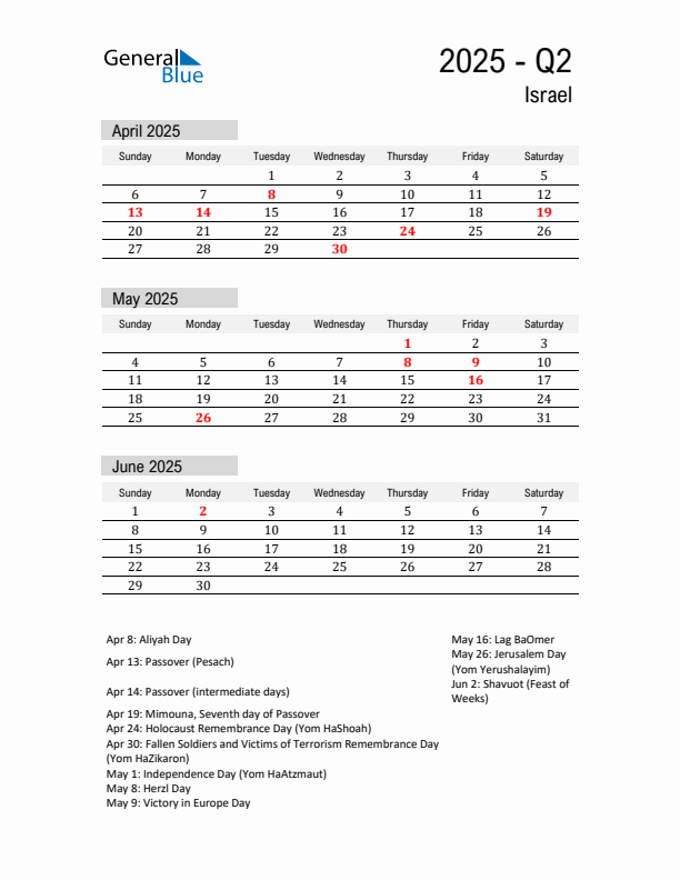 Israel Quarter 2 2025 Calendar with Holidays