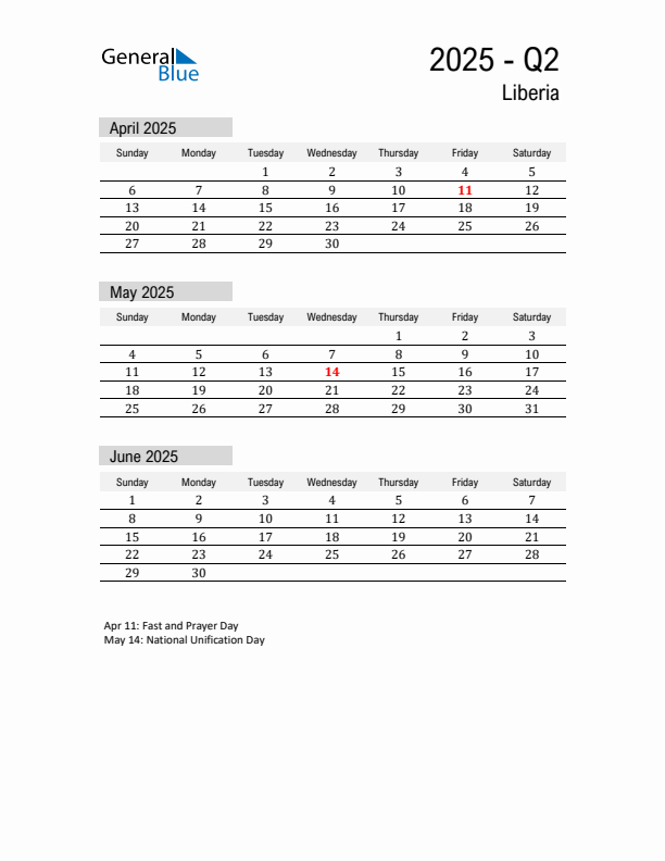 Liberia Quarter 2 2025 Calendar with Holidays