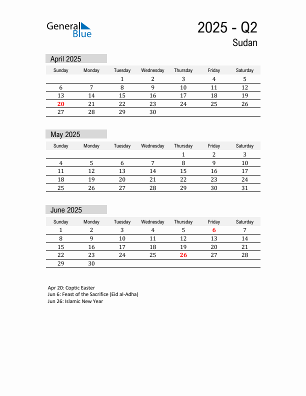 Sudan Quarter 2 2025 Calendar with Holidays