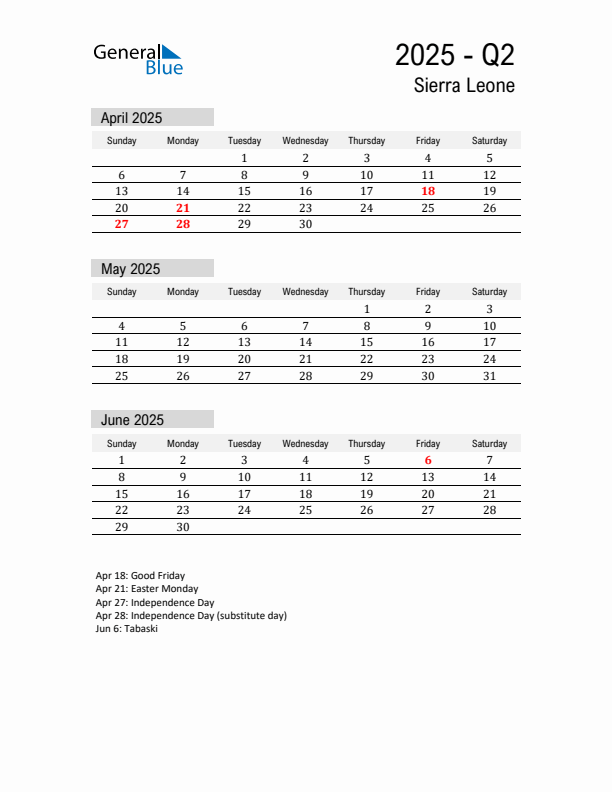 Sierra Leone Quarter 2 2025 Calendar with Holidays