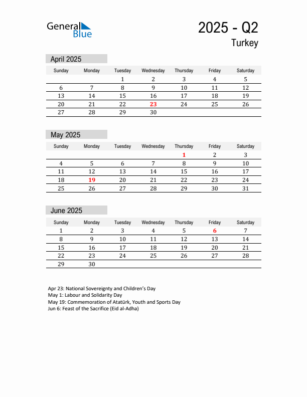 Turkey Quarter 2 2025 Calendar with Holidays