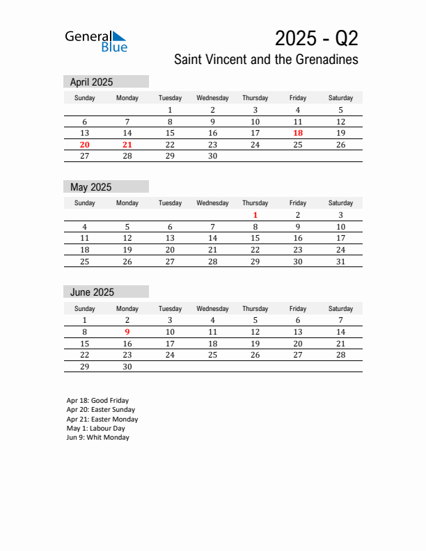 Saint Vincent and the Grenadines Quarter 2 2025 Calendar with Holidays