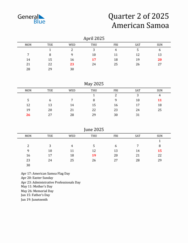 Quarter 2 2025 American Samoa Quarterly Calendar