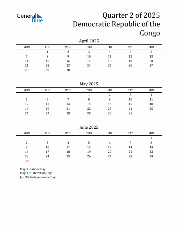 Quarter 2 2025 Democratic Republic of the Congo Quarterly Calendar