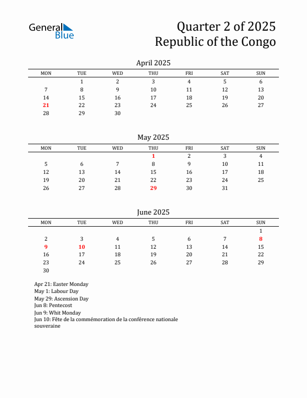 Quarter 2 2025 Republic of the Congo Quarterly Calendar