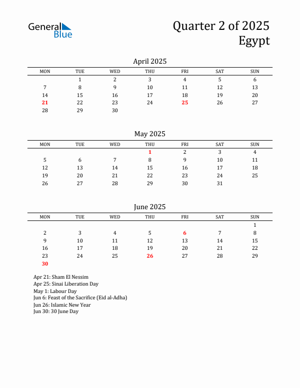 Quarter 2 2025 Egypt Quarterly Calendar