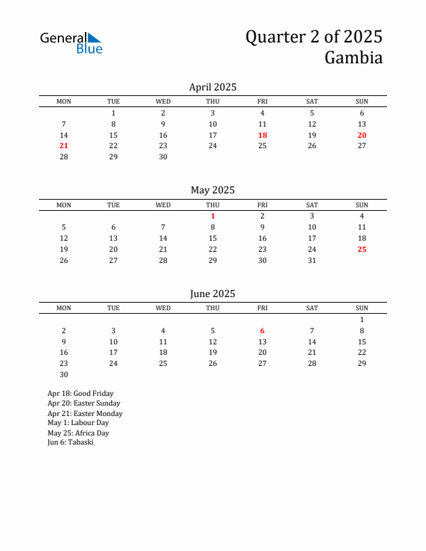 Quarter 2 2025 Gambia Quarterly Calendar