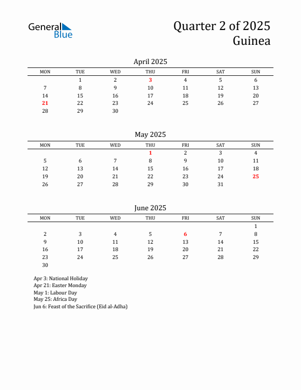 Quarter 2 2025 Guinea Quarterly Calendar