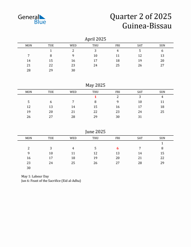 Quarter 2 2025 Guinea-Bissau Quarterly Calendar