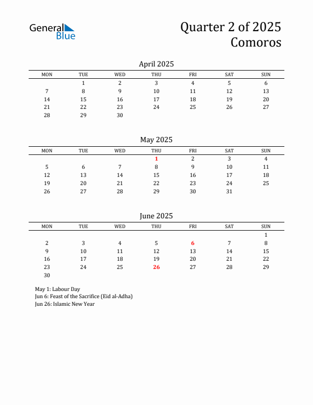 Quarter 2 2025 Comoros Quarterly Calendar