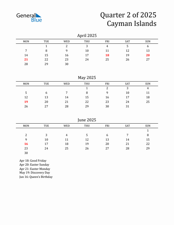 Quarter 2 2025 Cayman Islands Quarterly Calendar