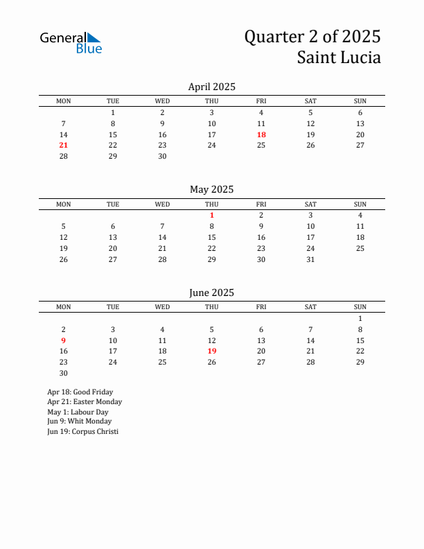 Quarter 2 2025 Saint Lucia Quarterly Calendar