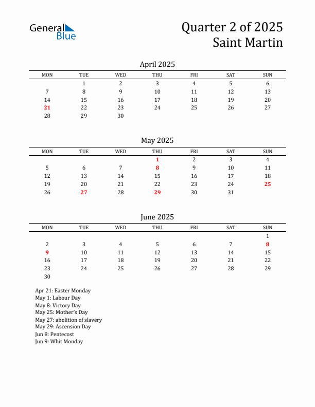 Quarter 2 2025 Saint Martin Quarterly Calendar