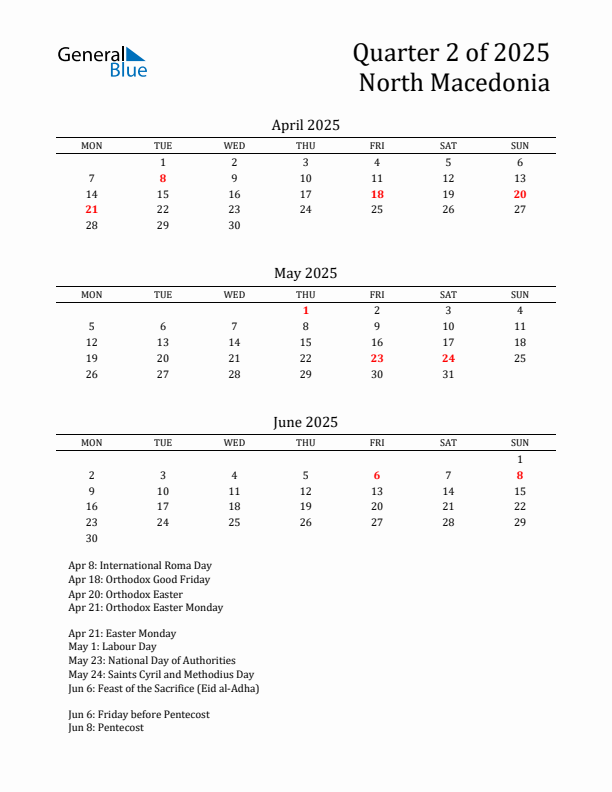 Quarter 2 2025 North Macedonia Quarterly Calendar