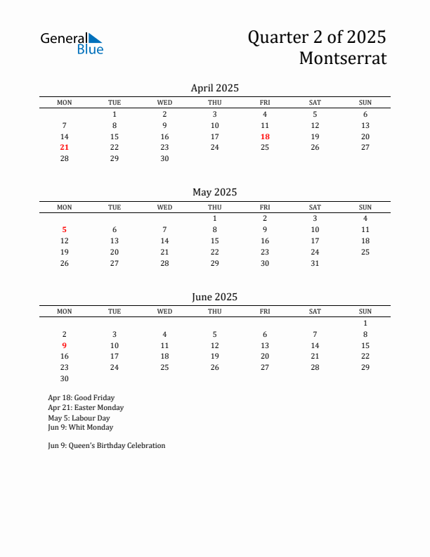 Quarter 2 2025 Montserrat Quarterly Calendar