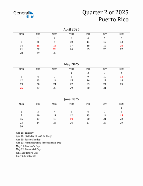 Quarter 2 2025 Puerto Rico Quarterly Calendar