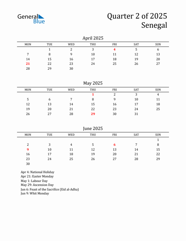 Quarter 2 2025 Senegal Quarterly Calendar