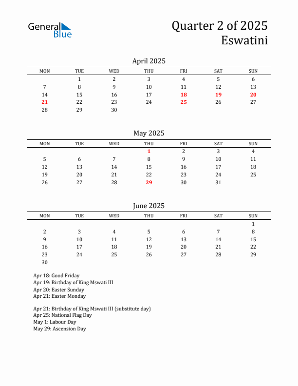 Quarter 2 2025 Eswatini Quarterly Calendar