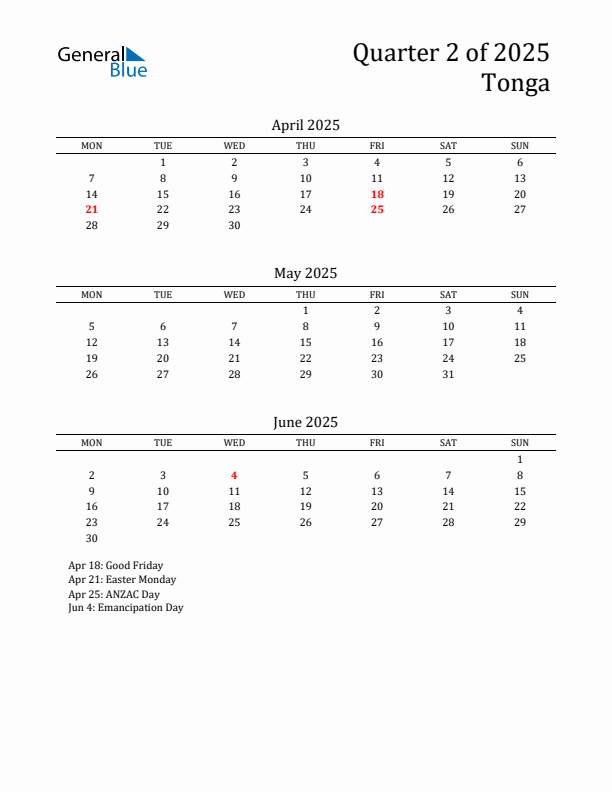 Quarter 2 2025 Tonga Quarterly Calendar