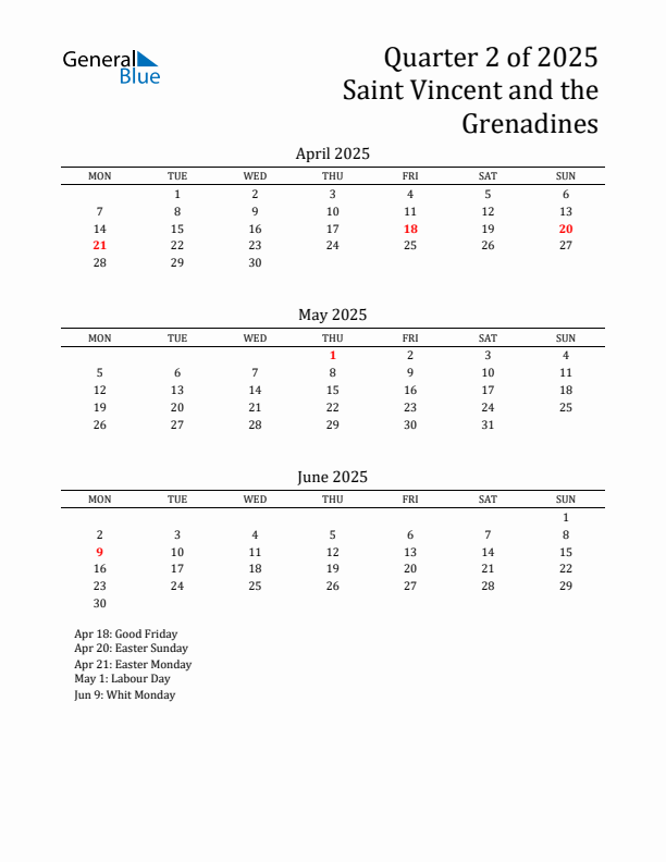 Quarter 2 2025 Saint Vincent and the Grenadines Quarterly Calendar