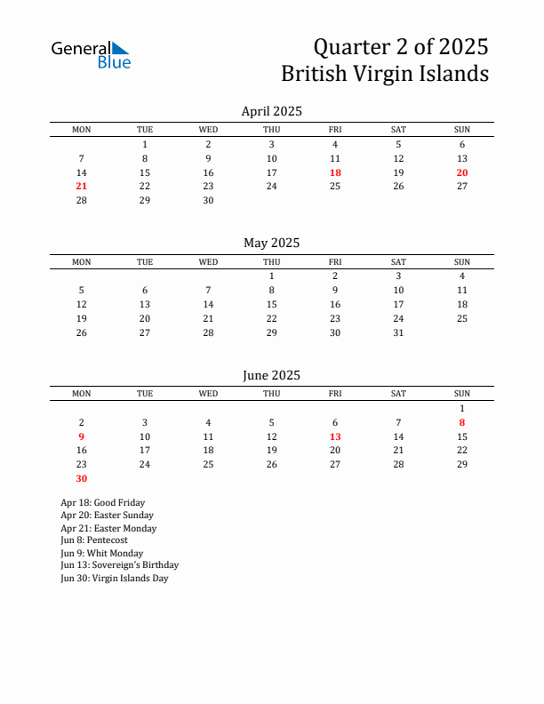 Quarter 2 2025 British Virgin Islands Quarterly Calendar