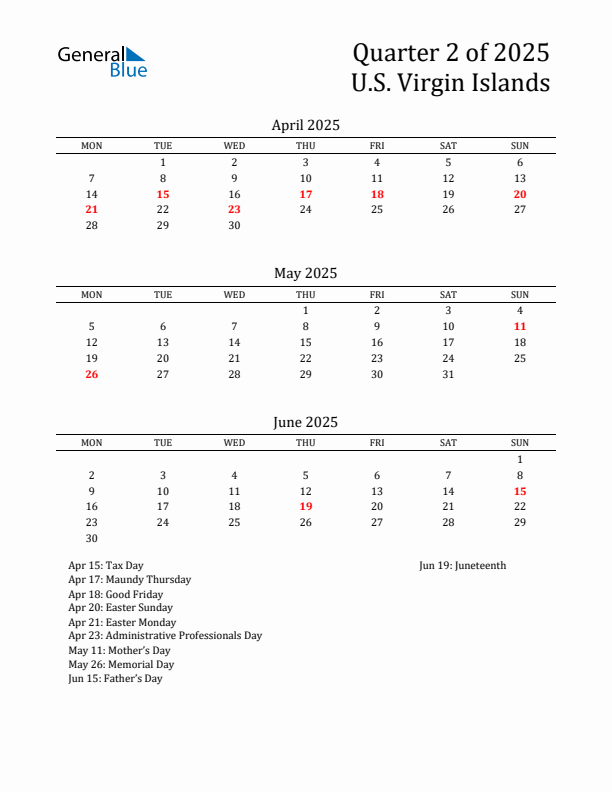 Quarter 2 2025 U.S. Virgin Islands Quarterly Calendar