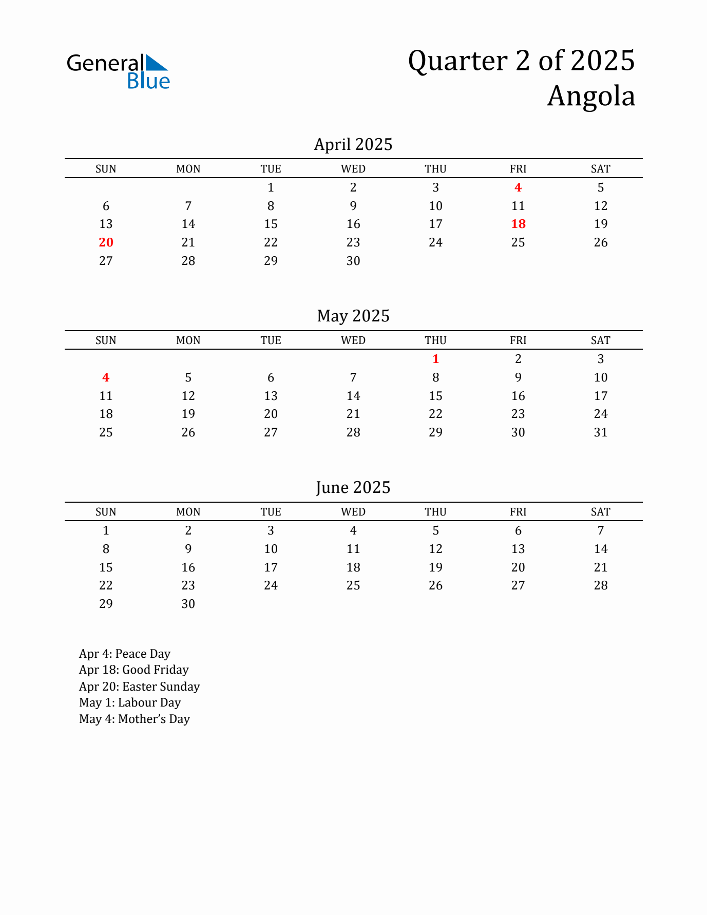 Quarter 2 2025 Angola Quarterly Calendar
