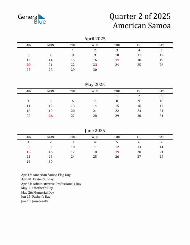Quarter 2 2025 American Samoa Quarterly Calendar