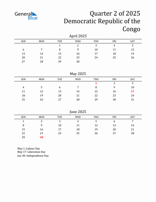 Quarter 2 2025 Democratic Republic of the Congo Quarterly Calendar