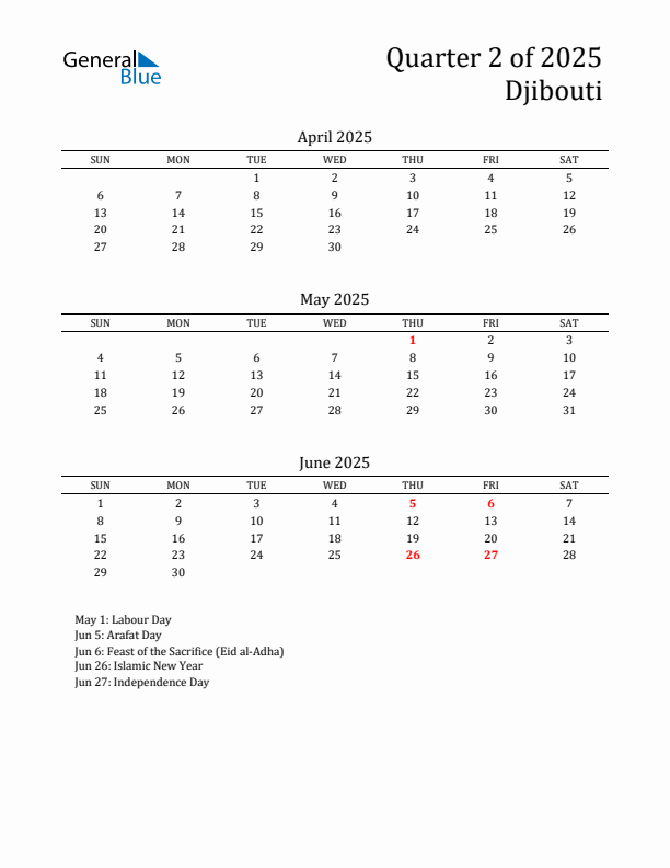 Quarter 2 2025 Djibouti Quarterly Calendar