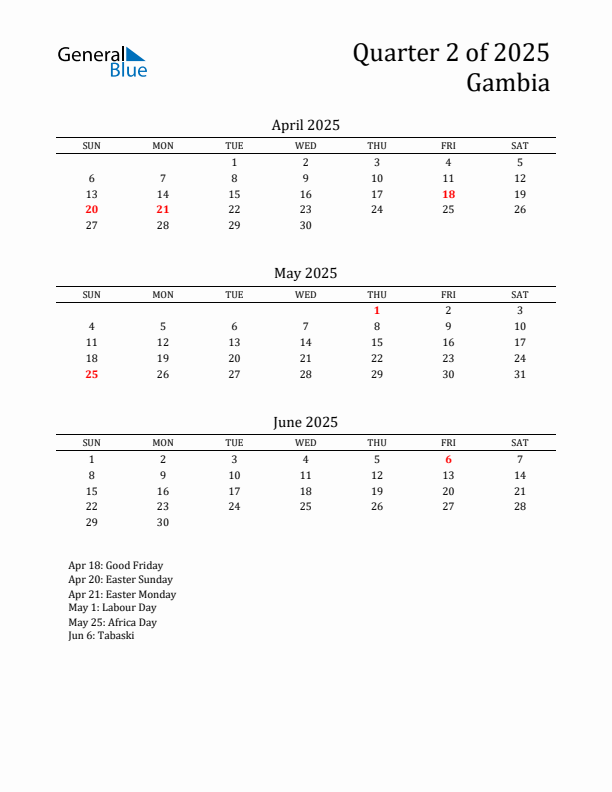 Quarter 2 2025 Gambia Quarterly Calendar
