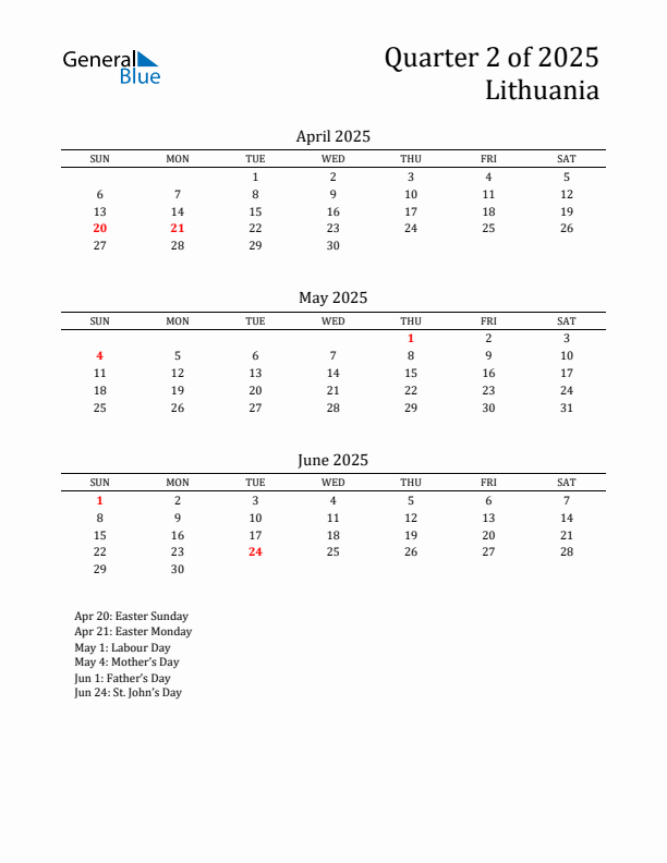 Quarter 2 2025 Lithuania Quarterly Calendar