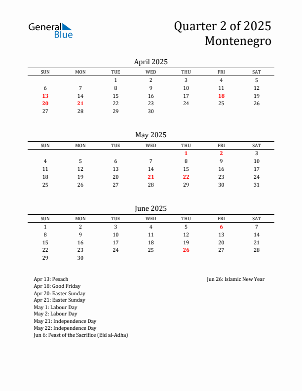 Quarter 2 2025 Montenegro Quarterly Calendar