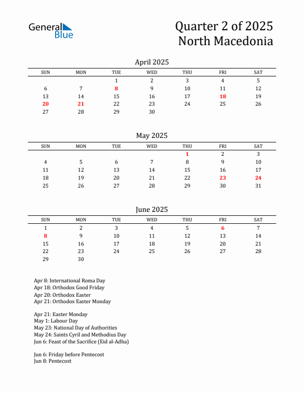 Quarter 2 2025 North Macedonia Quarterly Calendar
