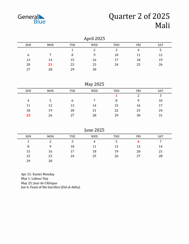 Quarter 2 2025 Mali Quarterly Calendar
