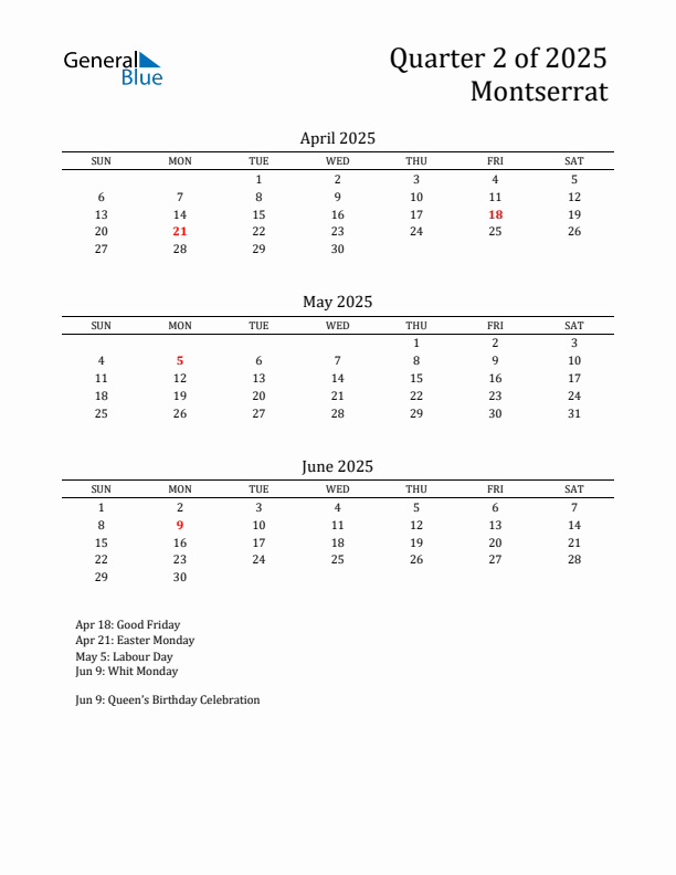 Quarter 2 2025 Montserrat Quarterly Calendar