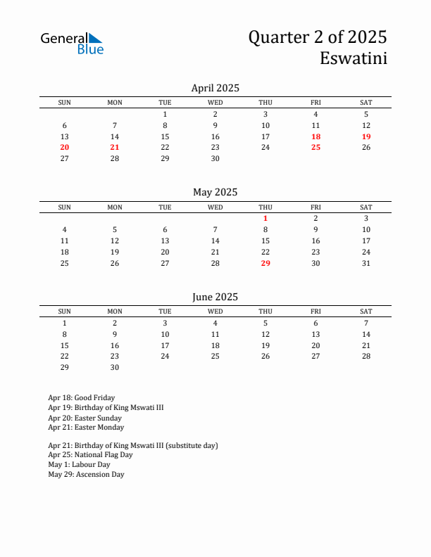 Quarter 2 2025 Eswatini Quarterly Calendar
