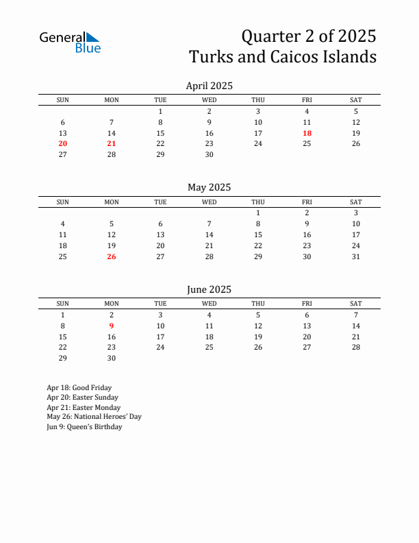 Quarter 2 2025 Turks and Caicos Islands Quarterly Calendar