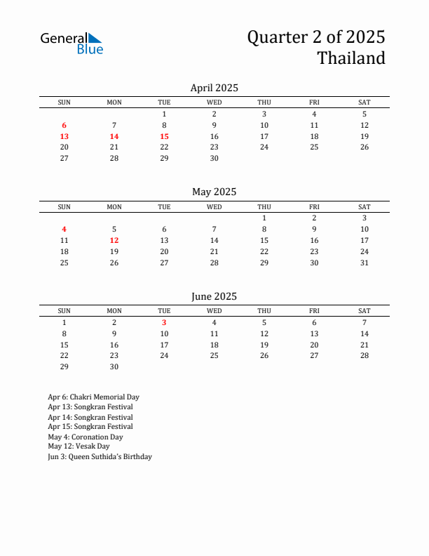 Quarter 2 2025 Thailand Quarterly Calendar